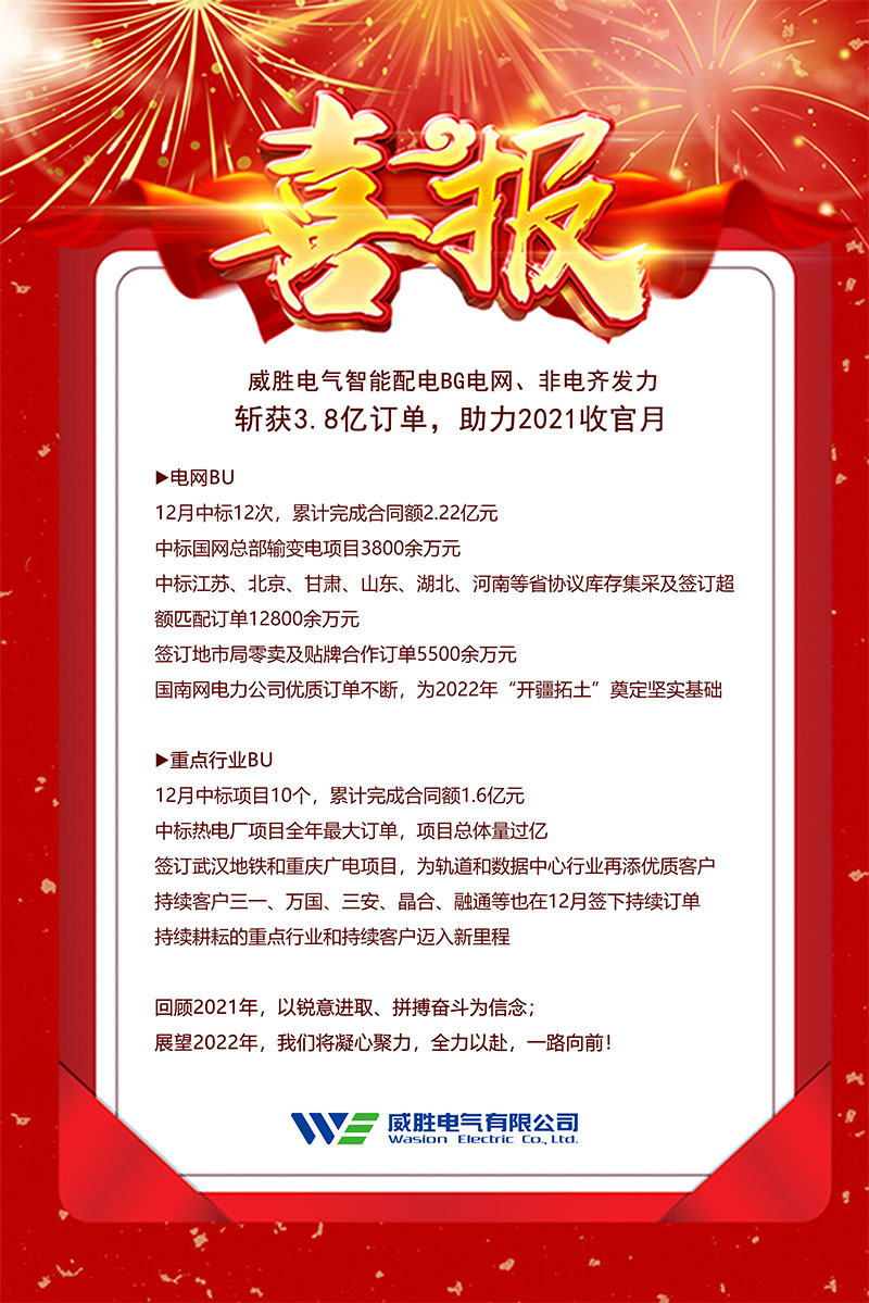 威胜电气智能配电BG电网、非电齐发力斩获3.8亿订单,助力2021收官月