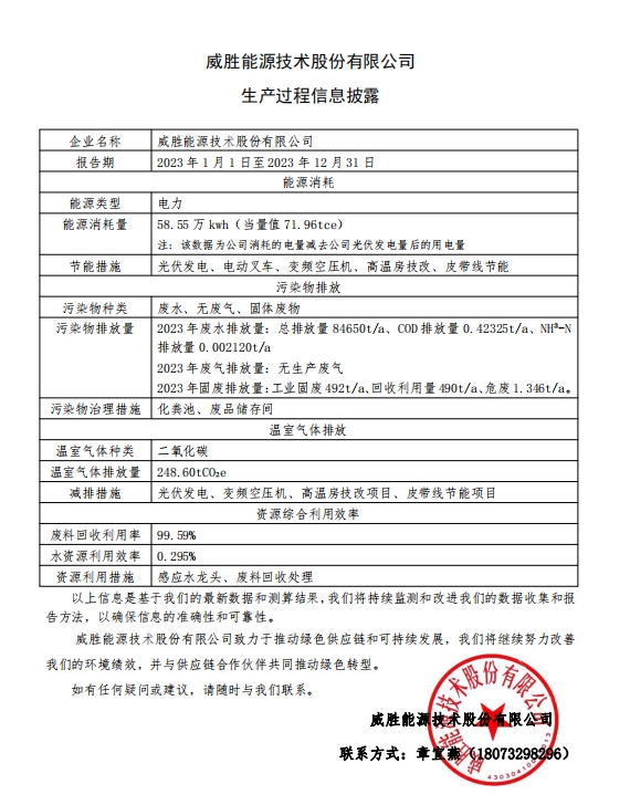 威胜能源技术股份有限公司生产过程信息披露